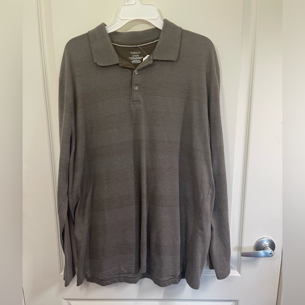 Van Heusen Men's Long Sleeve Polo Shirt Brown shaded stripes Size XL (sku472)